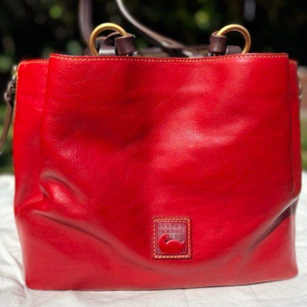 Auth Dooney & Burke Red Florentine Leather Large Barlow Zip Tote Satchel